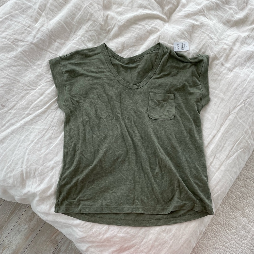 Loft Linen Pocket T Shirt / Size Small /Heathered Olive Green